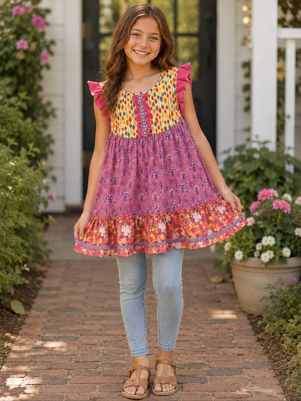 Matilda Jane Saffron Flutter Pink and Yellow Floral Patchwork Tunic Shirt